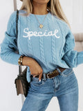 Blue leisure pullover sweater with white embroidered lettering and numbers on the front.