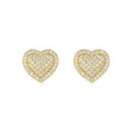 A pair of golden-colour heart stud earrings with a central moissanite stone, on a silver background.