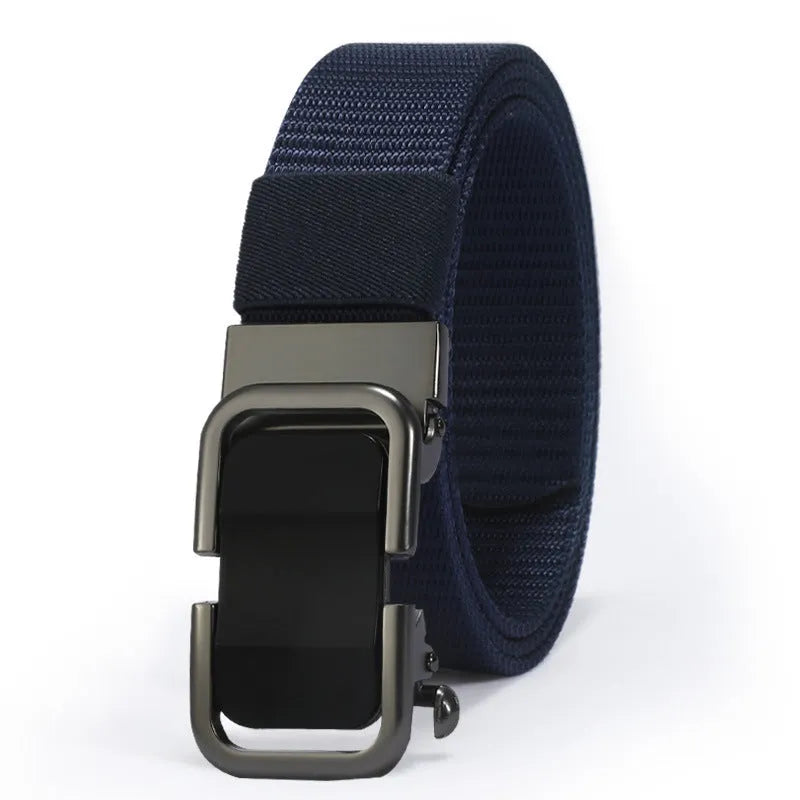 Men's navy blue nylon canvas belt with a silver alloy toothless buckle on a 120cm strap.