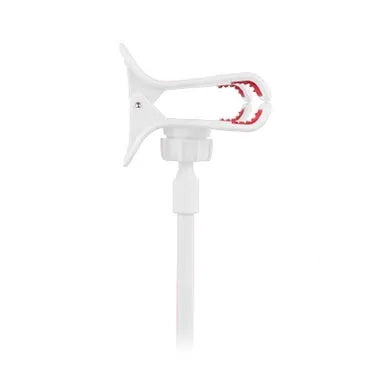 Black flexible arm phone holder with V-clip mounted on bed headboard holding smartphone