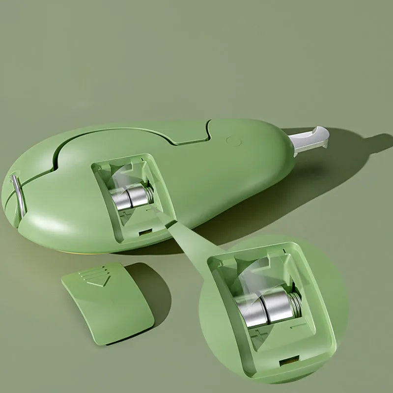 Green pet nail clipper with LED light on, showing scissor design and anti-slip handle for small dogs and cats.