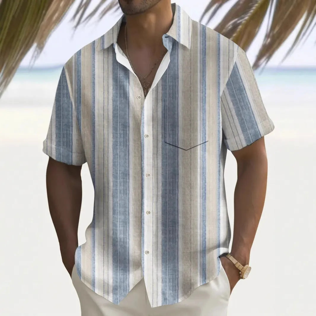 Man modelling a loose-fit printed multicolour casual shirt with a cardigan style.