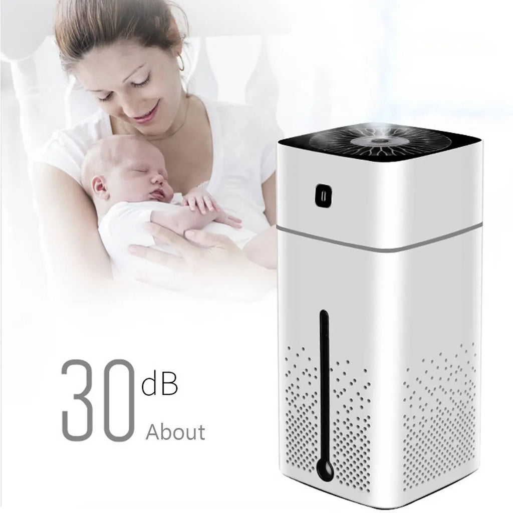 Black or white desktop humidifier with USB cable, 1000ml water tank, dimensions 103mm x 103mm x 218mm.