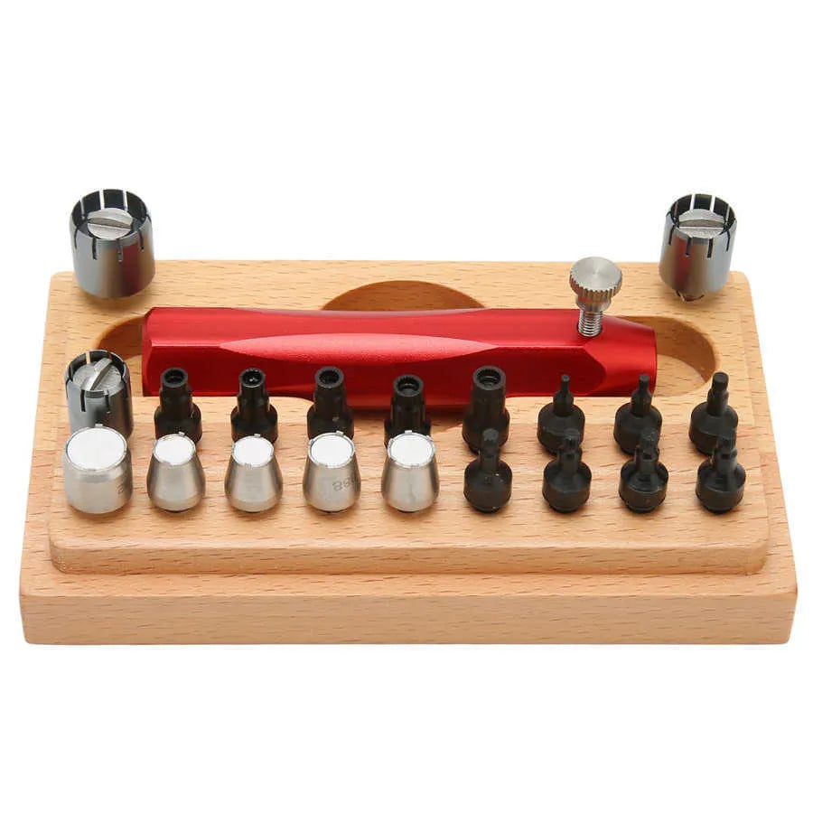 20-piece steel watch repair tool set with extractor tube opener in compact case