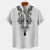 Men's striped casual linen-style shirt with personalised buttons on a hanger