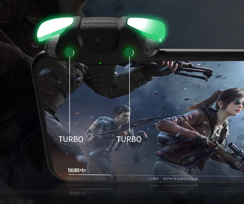 Black F5 mobile game controller showing compact dimensions and USB connection for phone gaming