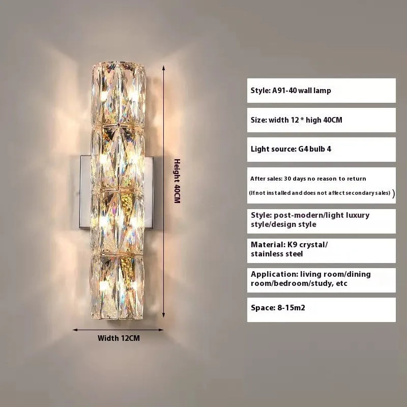 Crystal wall lamp with stainless steel frame in chrome or gold finish