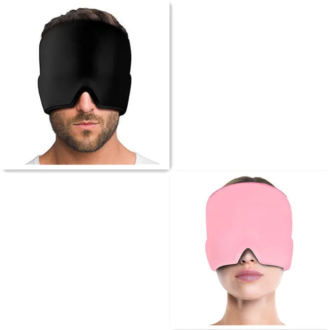 Black adjustable cold compress gel eye mask for headache relief on a plain background.