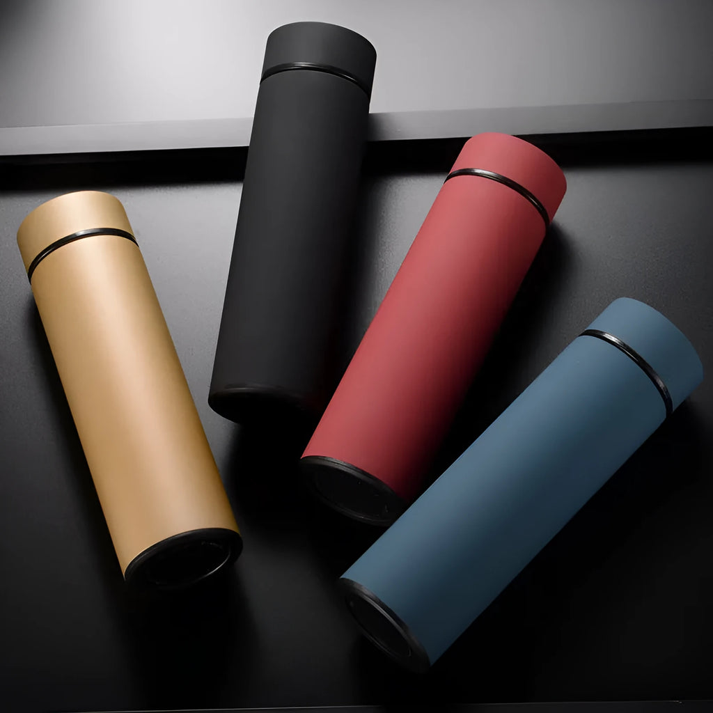 450ml stainless steel vacuum insulated water bottle with copper layer in black, red, gold, and blue colour options