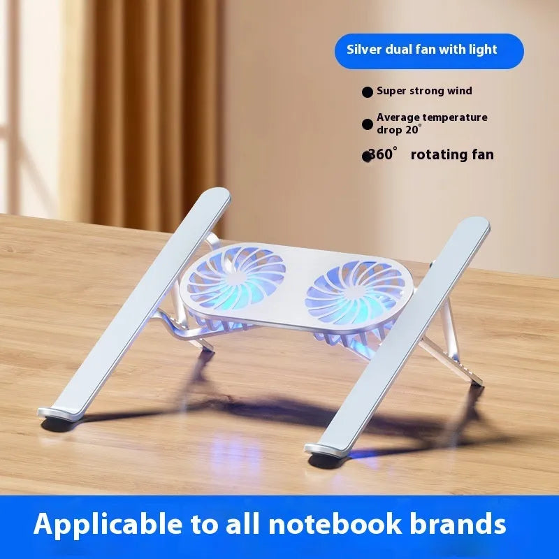 Aluminium alloy folding laptop cooling stand with twin fans and height adjustment mechanism