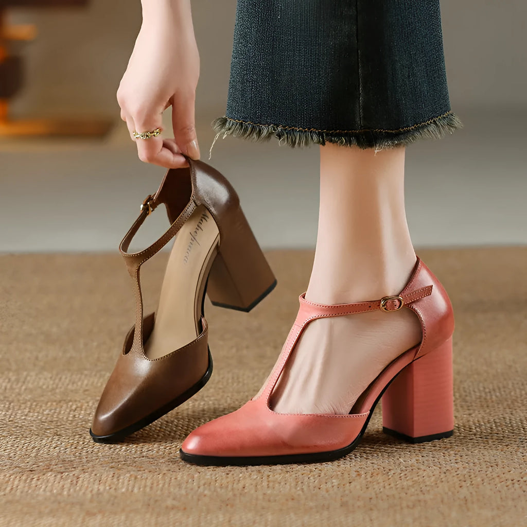 Women's dark brown retro pointed-toe Mary Jane shoes with a buckle fastening on the vamp.