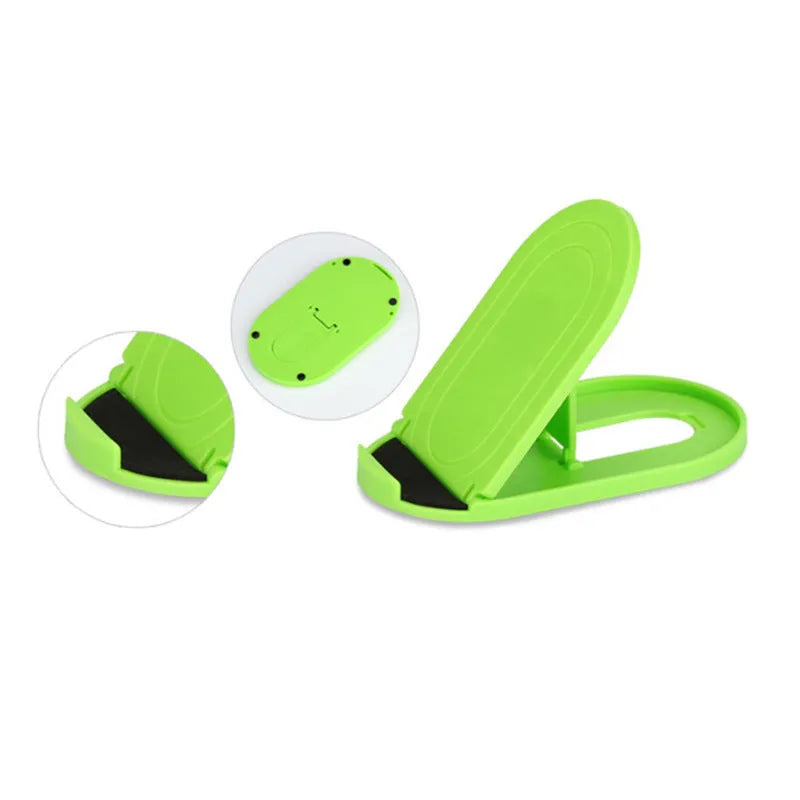 Adjustable plastic mobile phone stand in six colour options showing lazy bracket design