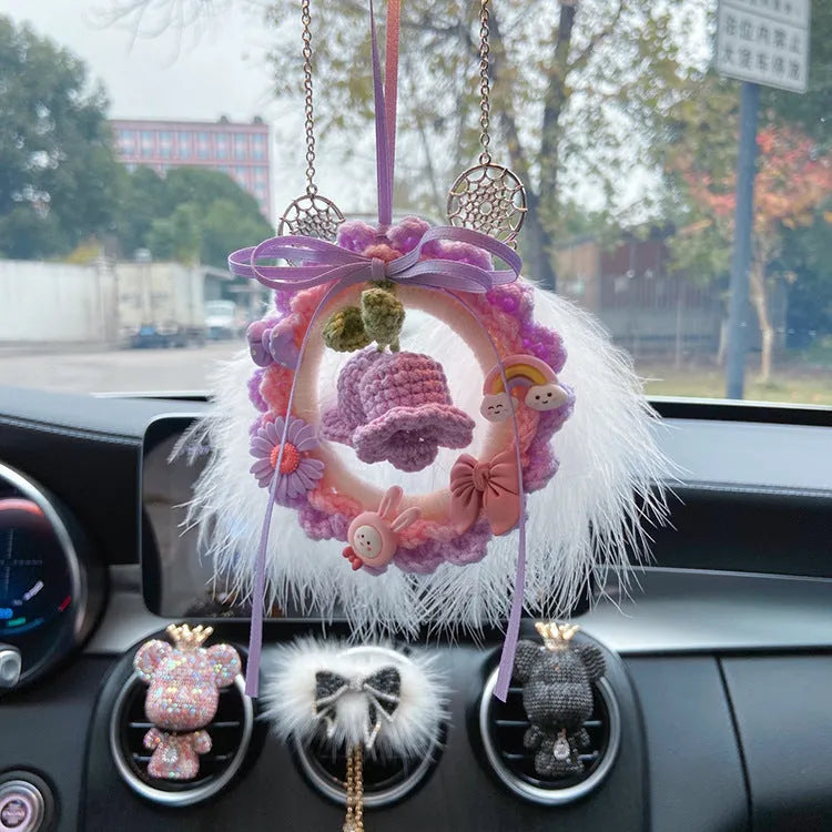 Woven wool bell orchid car pendant in green, pink, purple, or yellow with optional dream catcher.