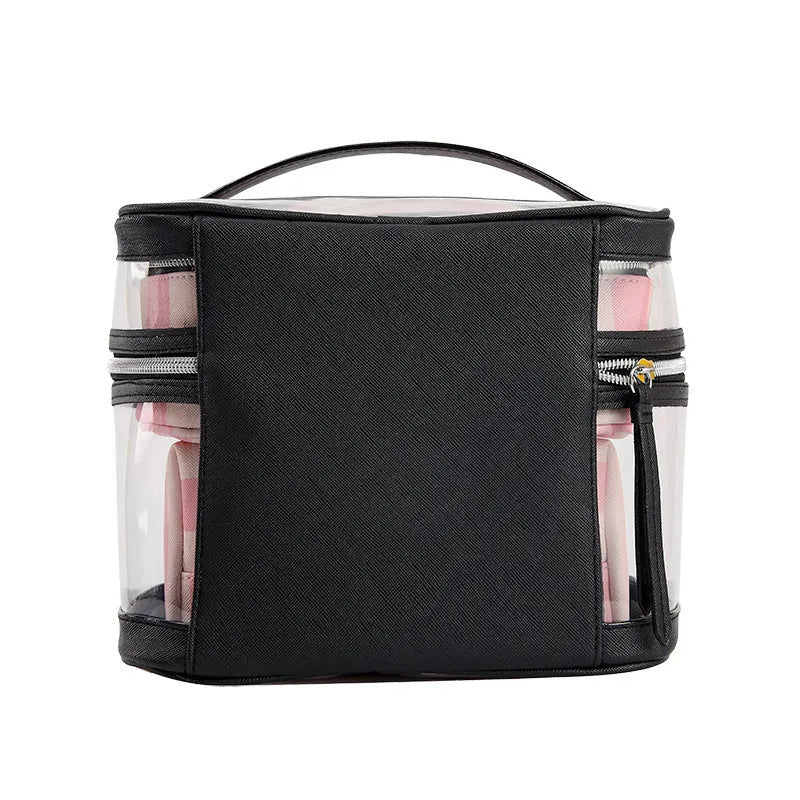 Pink bold stripes floral makeup bag with waterproof synthetic leather construction and folding design