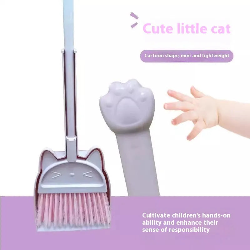 Purple broom and dustpan set with rotating brush head and integrated brush holder