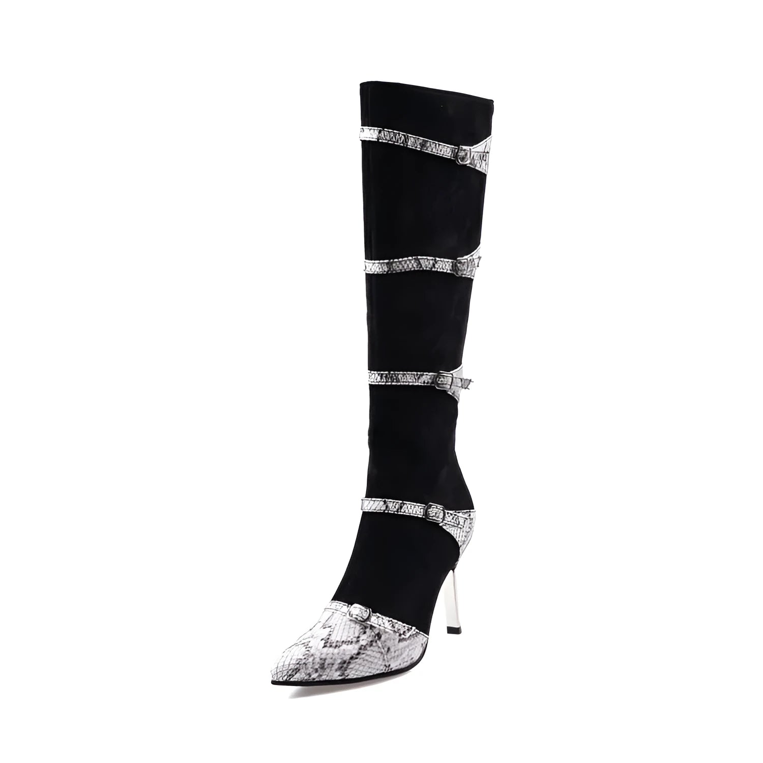 Grey knee-high women's boots with a thin 9cm high heel on a rubber sole.