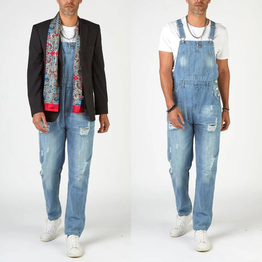 Men's light blue high-waist suspender jeans with ripped detailing and straight leg silhouette