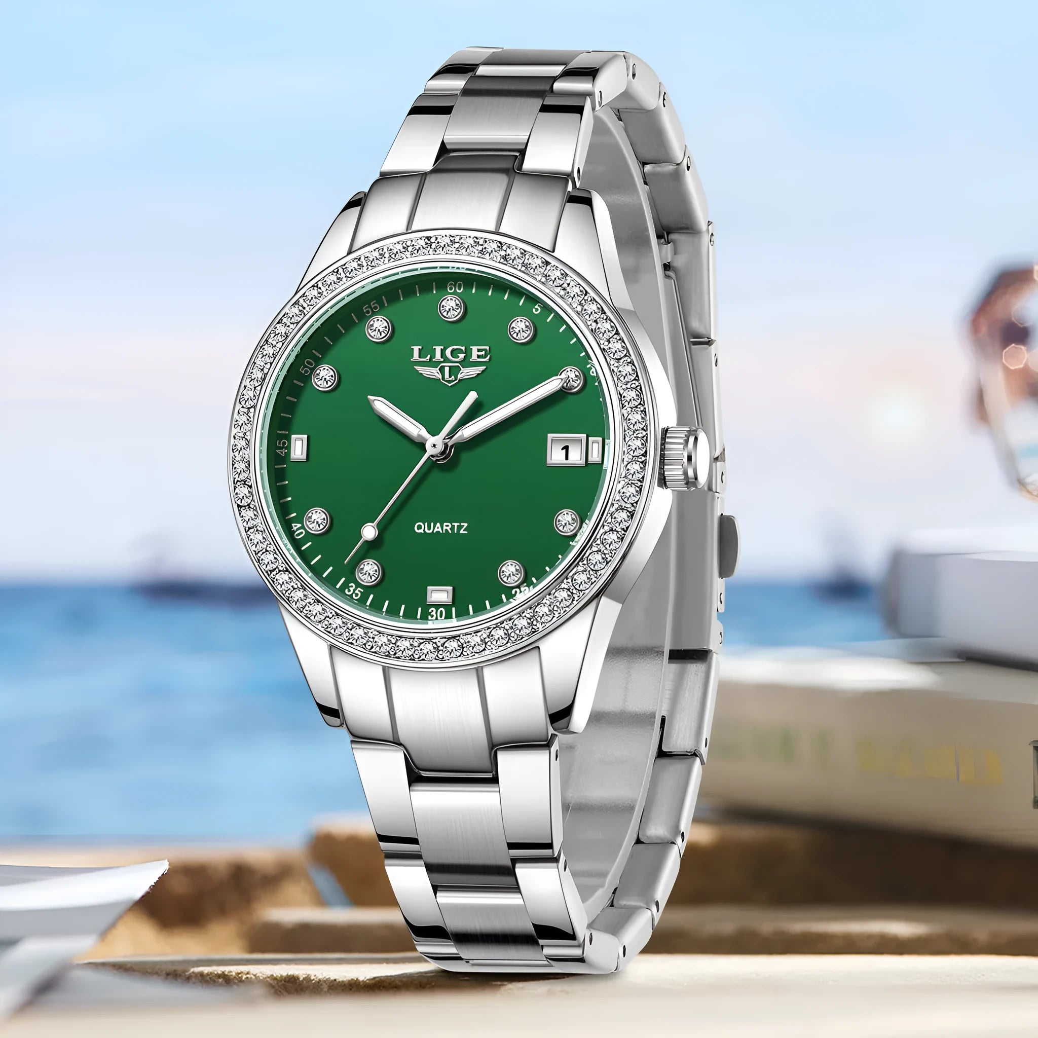 Women's fashion quartz watch with stainless steel case, diamond bezel, and luminous hands in silver colour options