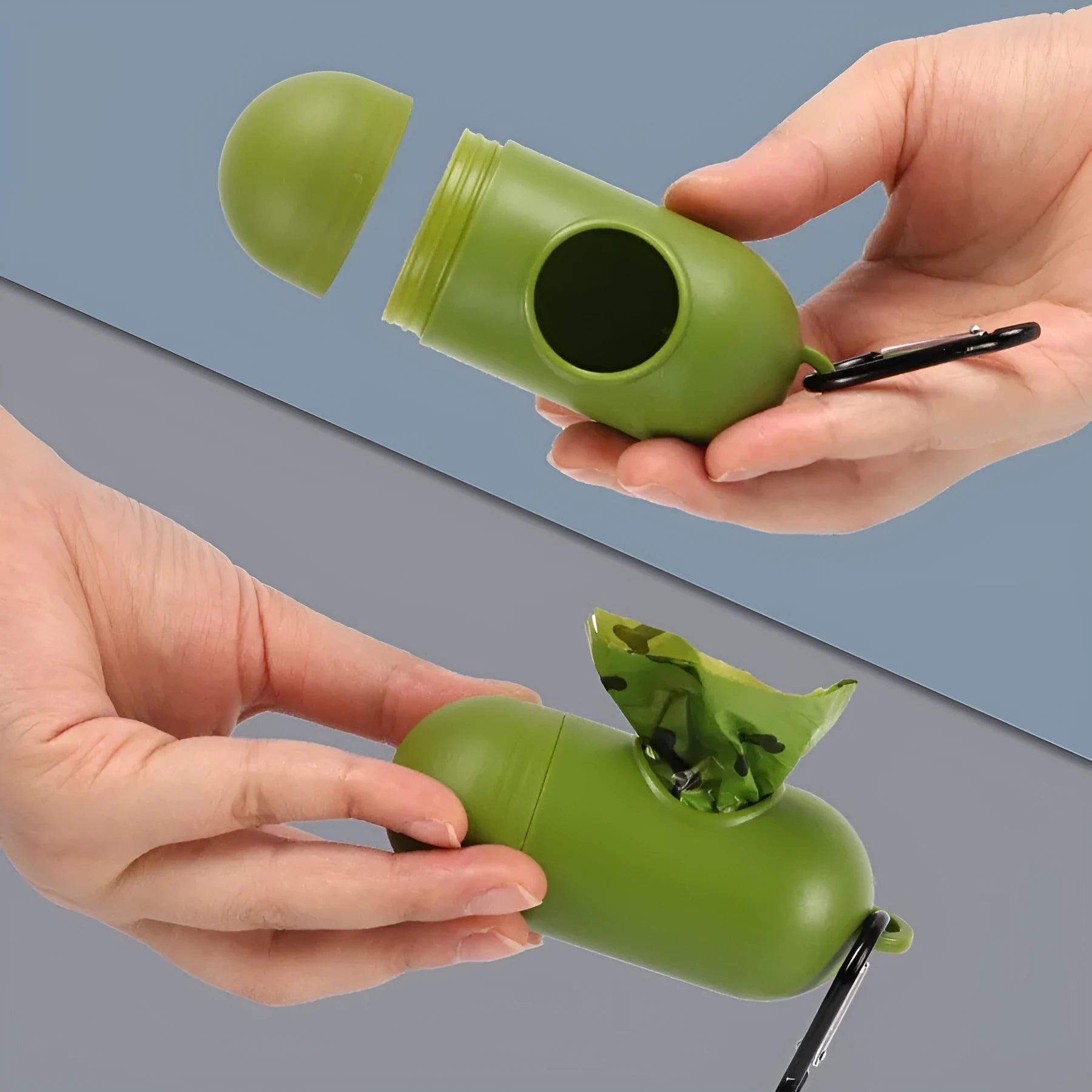 Roll of army green degradable dog waste bags with black bone print, showing bag size and dispenser.