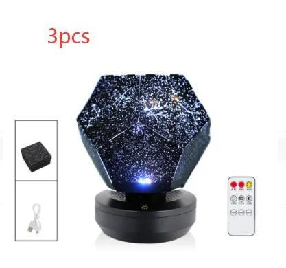 LED starry sky projector night lamp showing constellation projection on a bedroom ceiling.