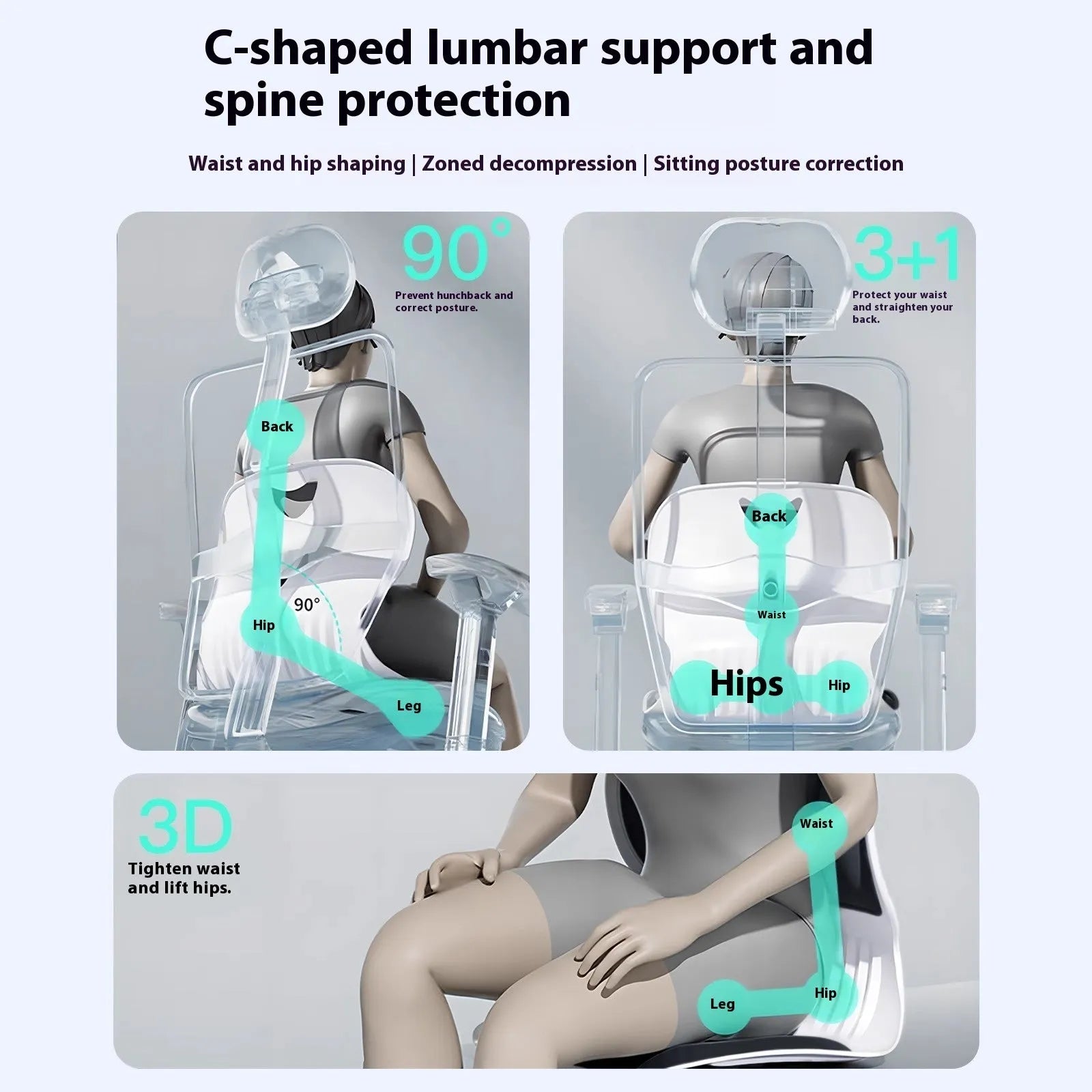 Grey waist support cushion with free size design and sponge filler for lumbar comfort