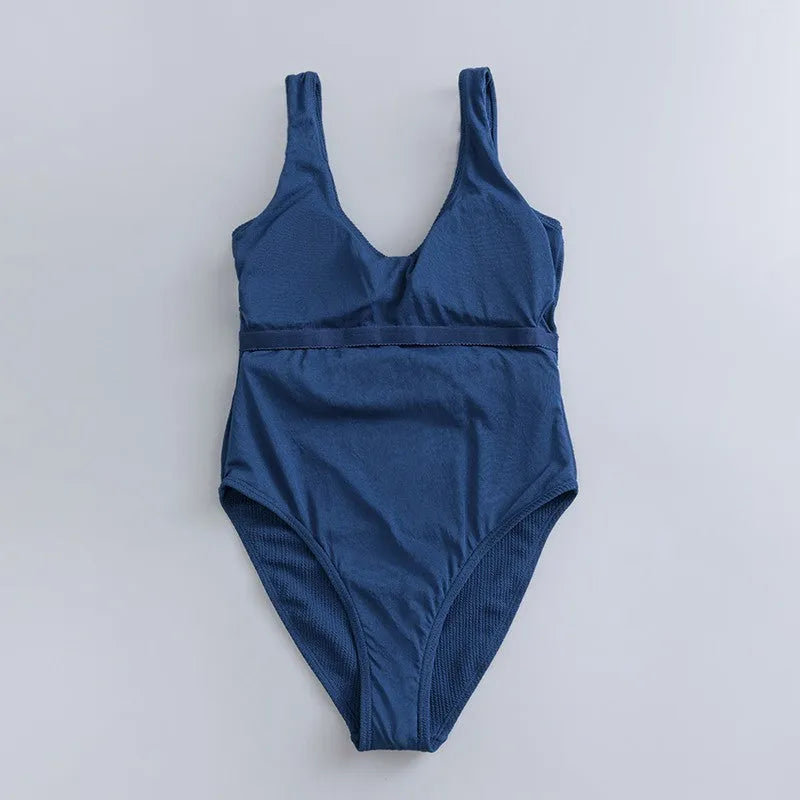 Navy blue women's triangle one-piece swimsuit with chest pad for swimming sports