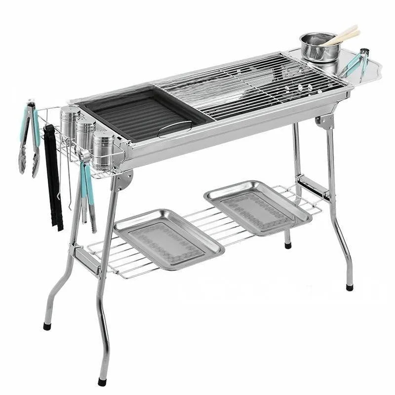 Large stainless steel portable folding barbecue grill oven for outdoor use.