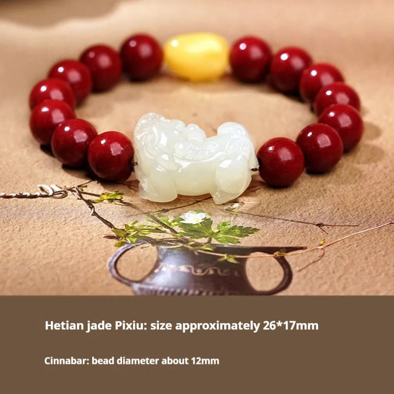 Hetian Jade bracelet with a black and red braided rope band and a central jade bead.