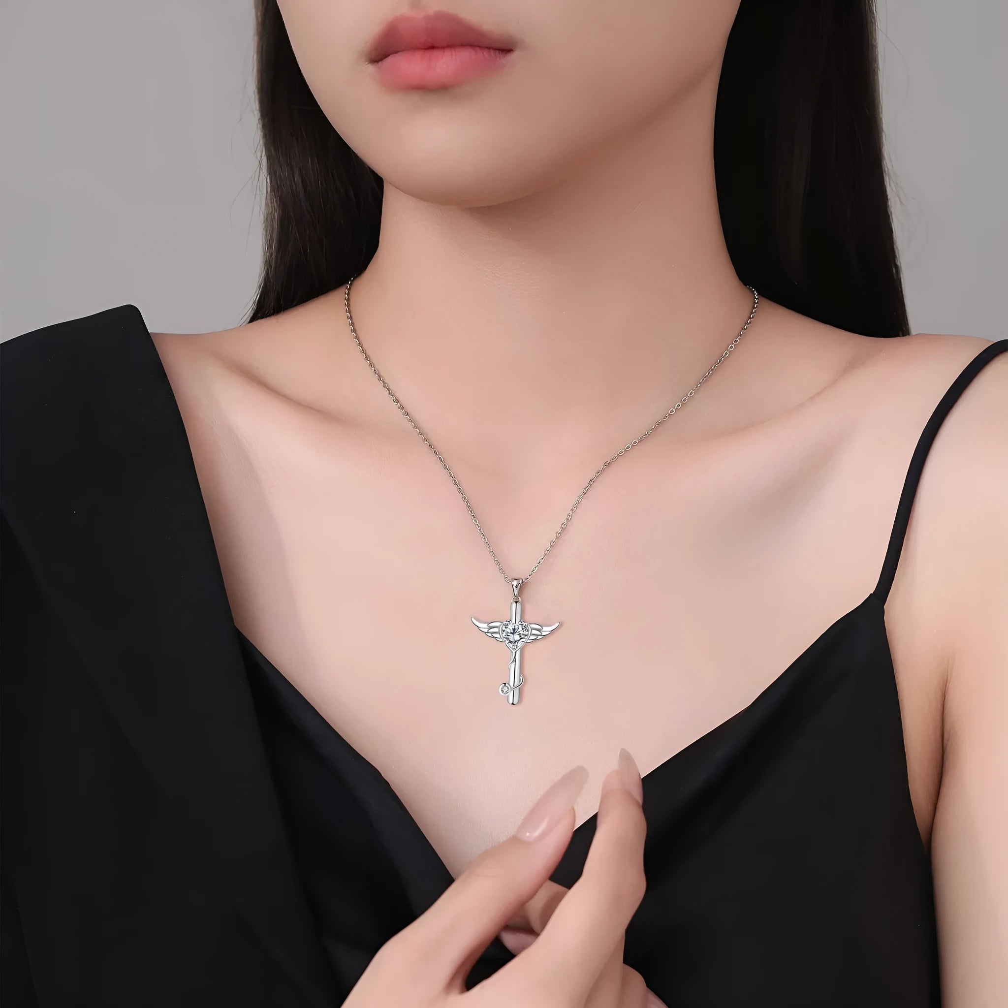 Copper cross stethoscope necklace with wings design in white diamond or red diamond colour