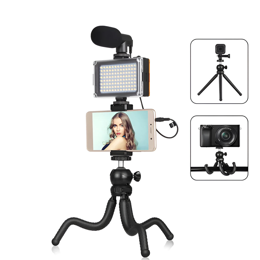Black octopus tripod stand with flexible rubber legs and fill light for iPhone