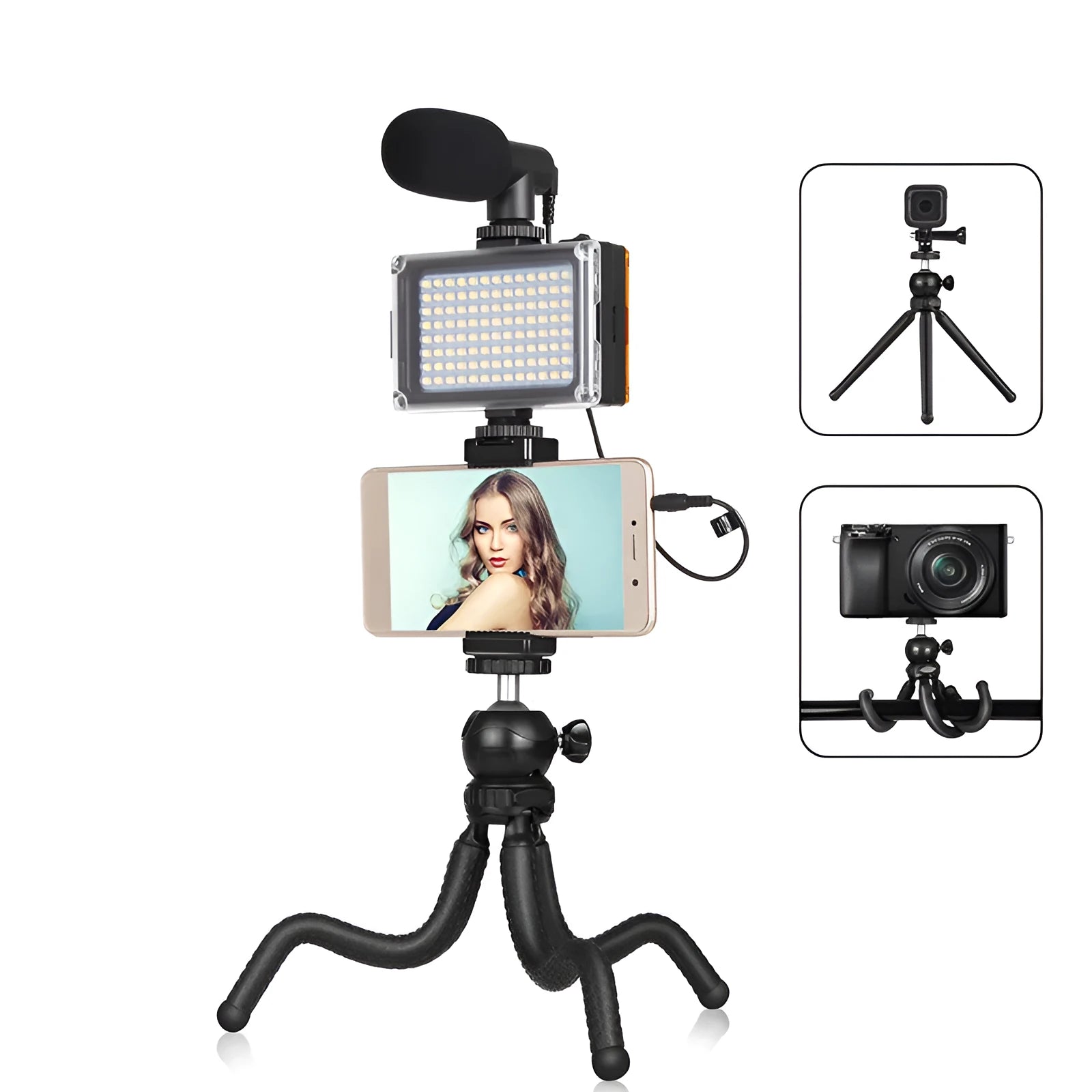 Black octopus tripod stand with flexible rubber legs and fill light for iPhone