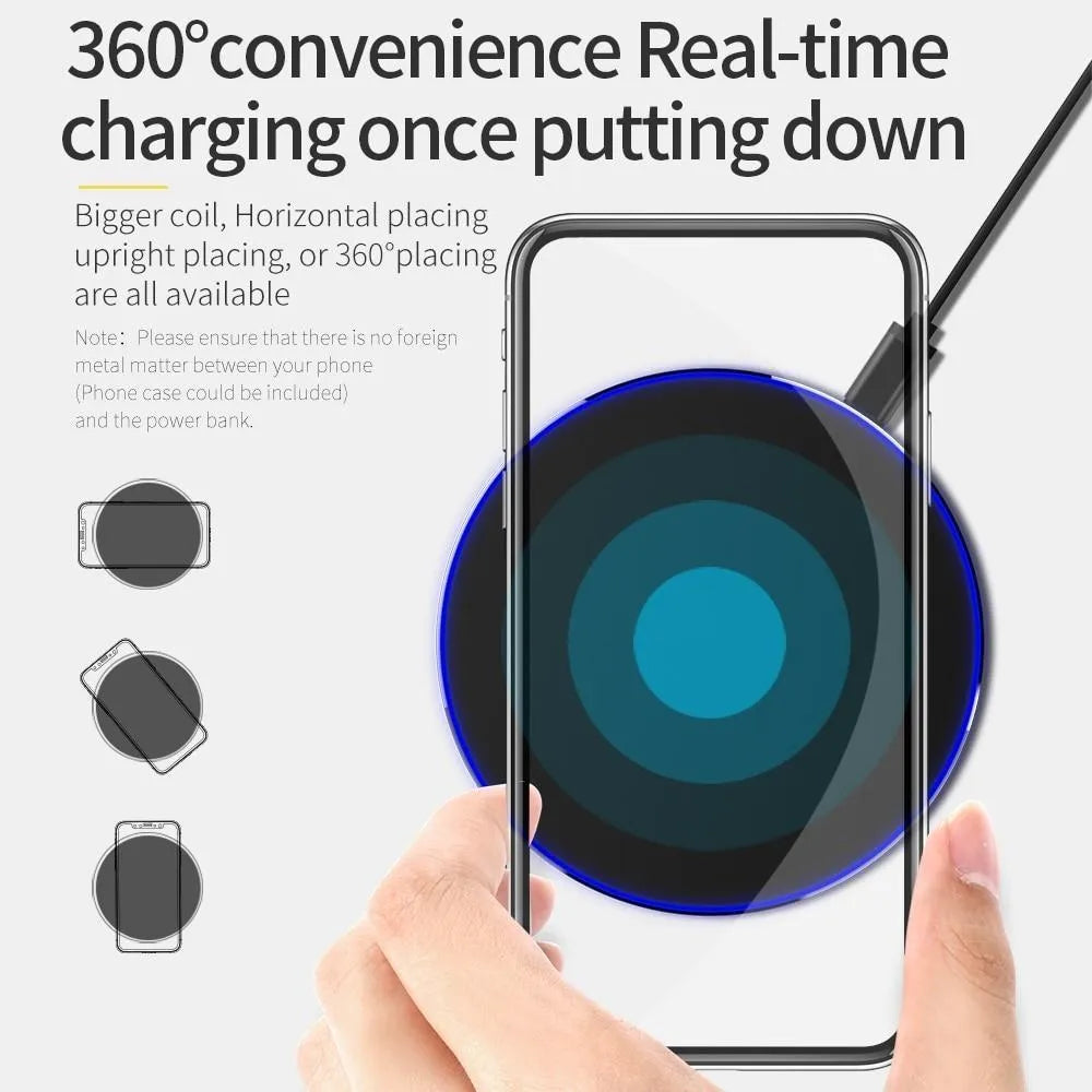 Ultra-thin matte black wireless charging pad with 9V fast charging and 98mm square dimensions