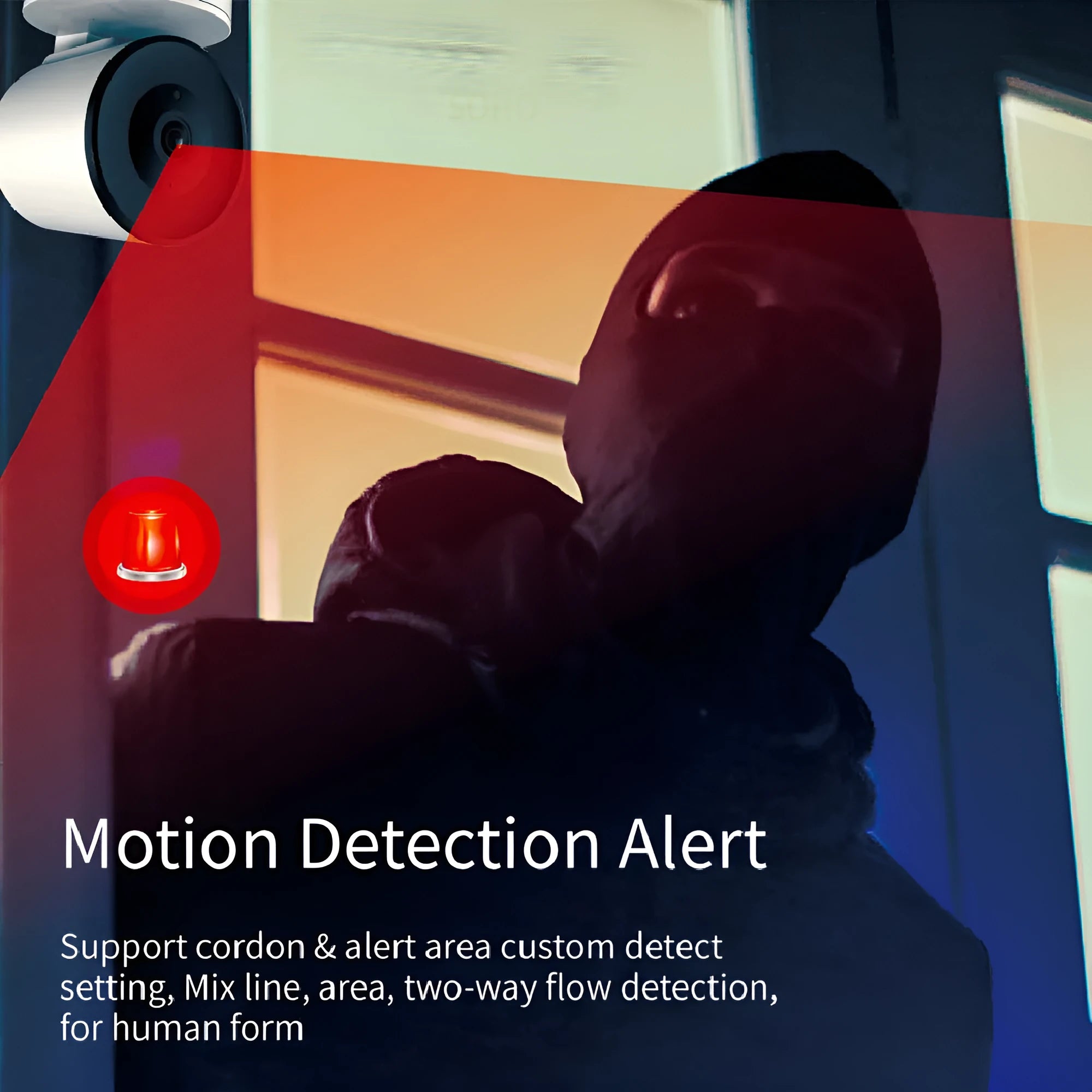 White indoor Wi‑Fi security camera with lens, shown on a desktop with power adapter