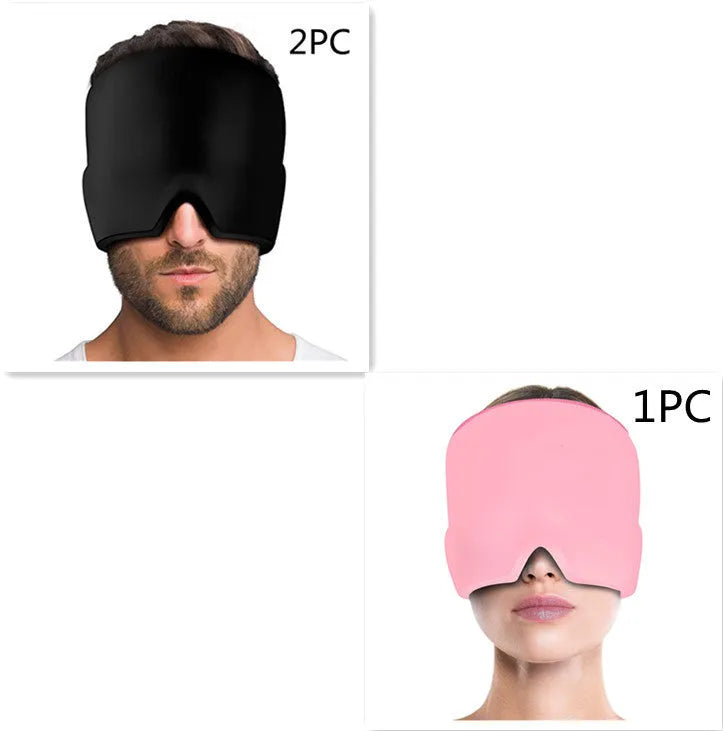 Black adjustable cold compress gel eye mask for headache relief on a plain background.