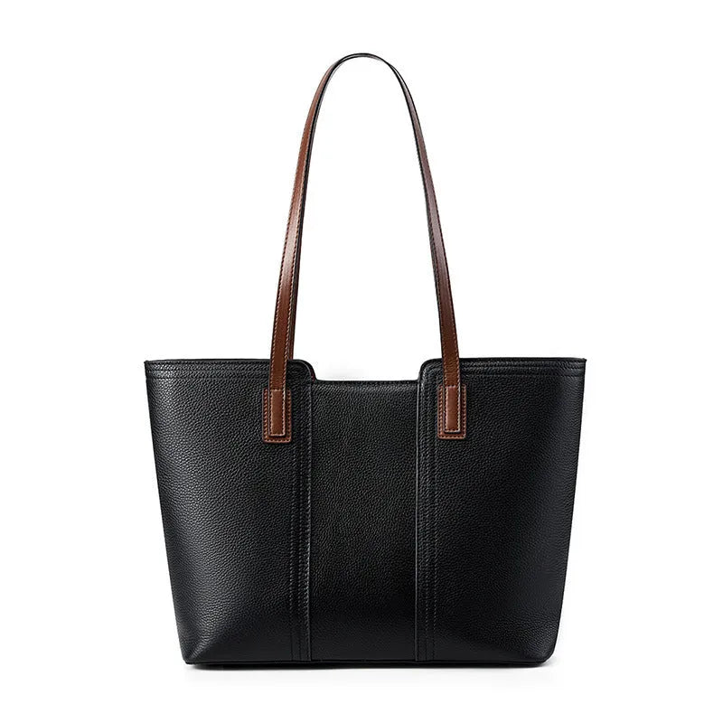 Women's genuine leather commuter shoulder bag with multiple internal zippered compartments in black colour