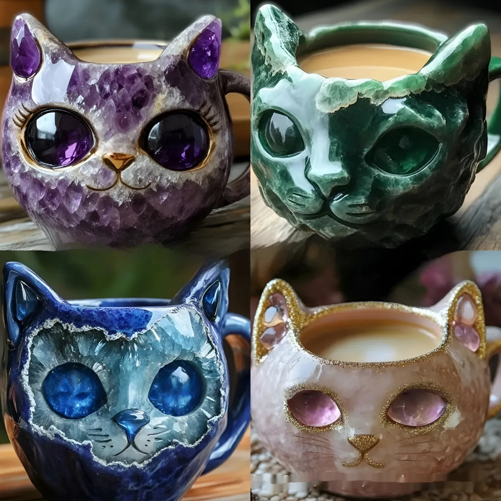 Geode Mug Crystal Cat Cup resin craft with hand-poured epoxy geode patterns in purple blue green pink colours