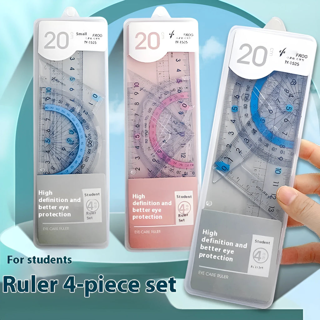 Transparent acrylic drawing ruler set with protractor for technical drafting and geometry