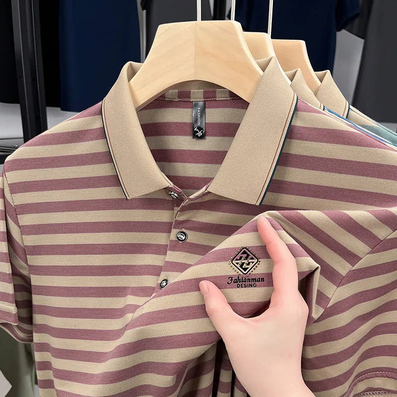 Man wearing a red striped casual short sleeve shirt with a mosaic pattern detail.