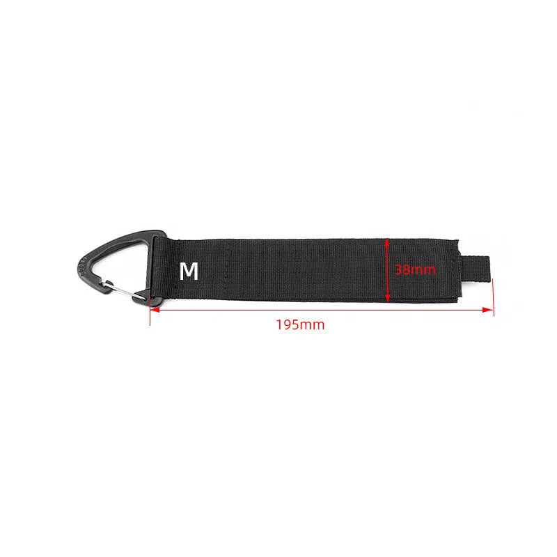 Black heavy-duty adjustable storage strap with metal carabiner clip for garage workshop organisation.