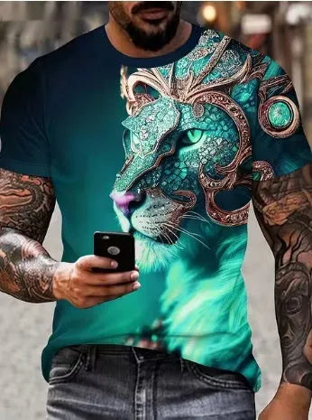 Men's grey t-shirt with dimensional 3D lion graphic print on front
