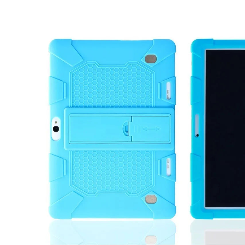 Little Overlord H10 Pro M20 10.1-inch tablet in a black silicone protective case with a folded-out stand on the back.