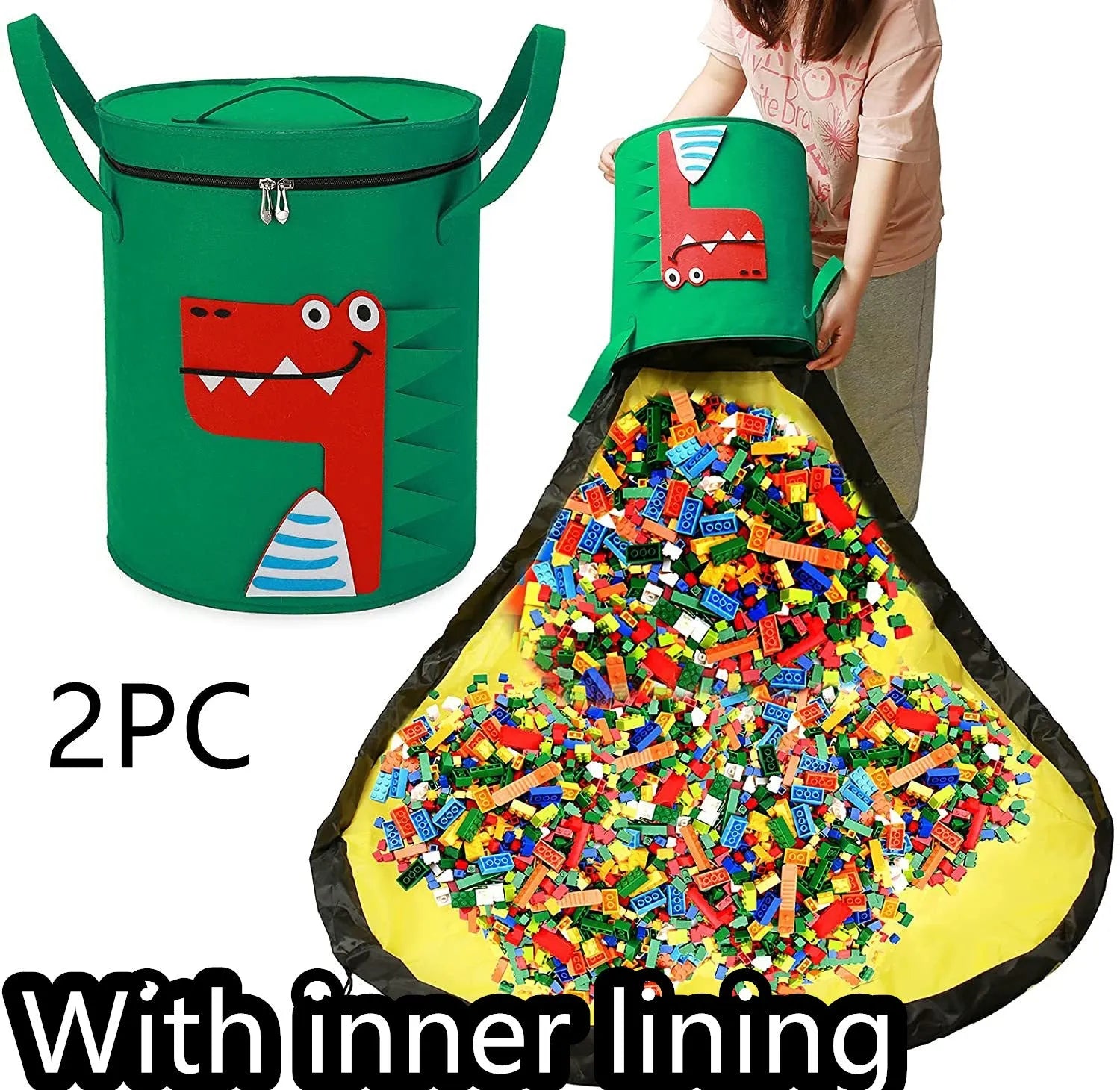 Green felt cube storage bag with pull rope serving as toy organiser and play mat