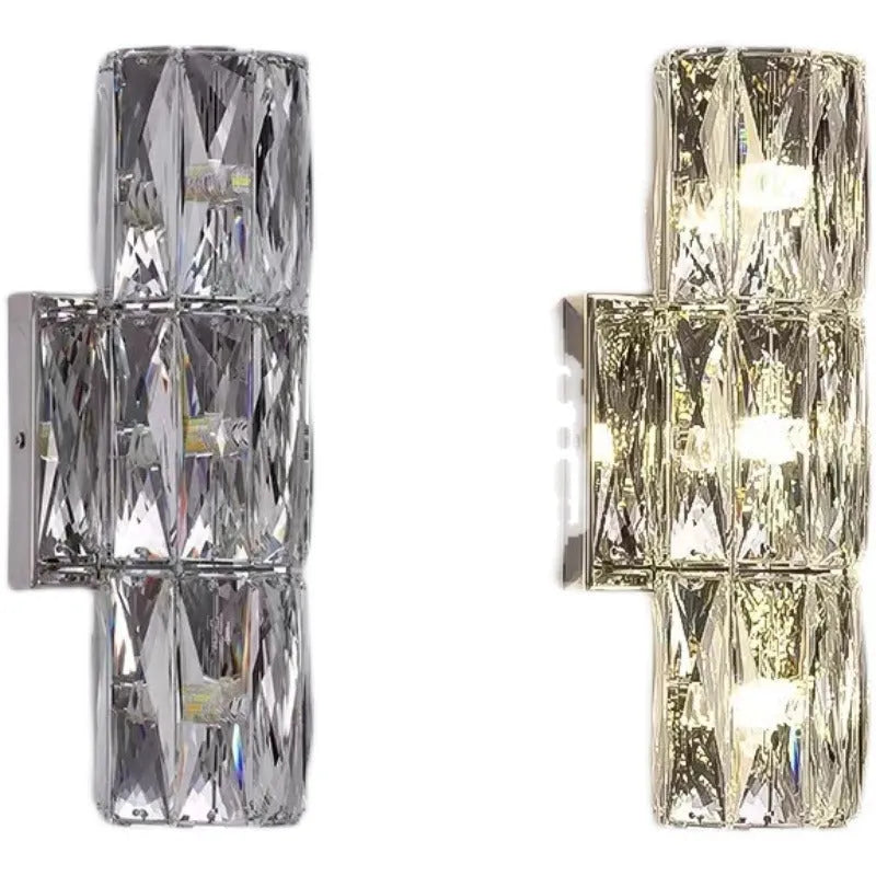Crystal wall lamp with stainless steel frame in chrome or gold finish
