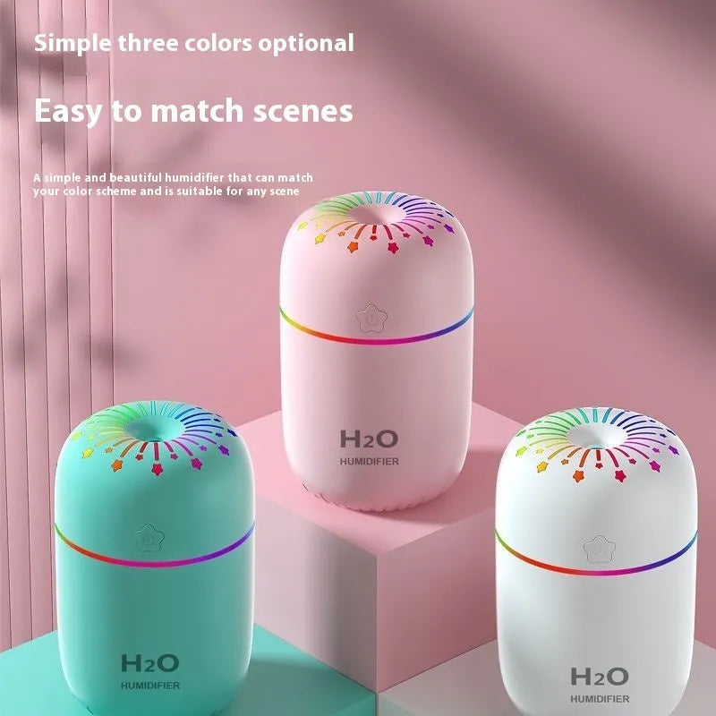 Mini USB humidifier with fireworks design in white pink and green colors for car and desk use