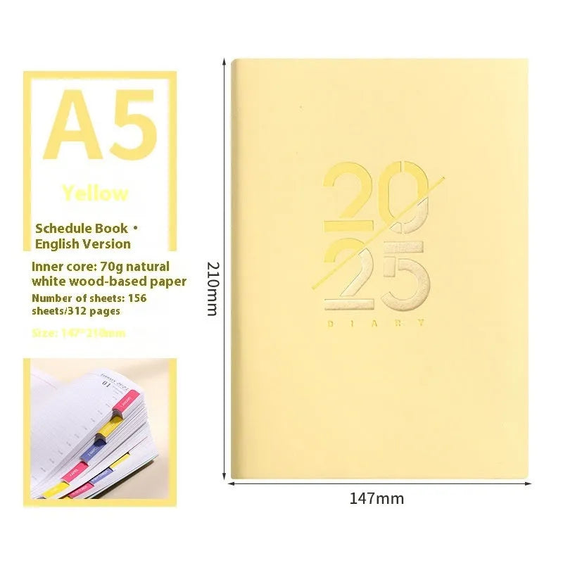 Soft faux leather A5 daily planner book open on a desk, showing Dorian paper pages and available colour variants.