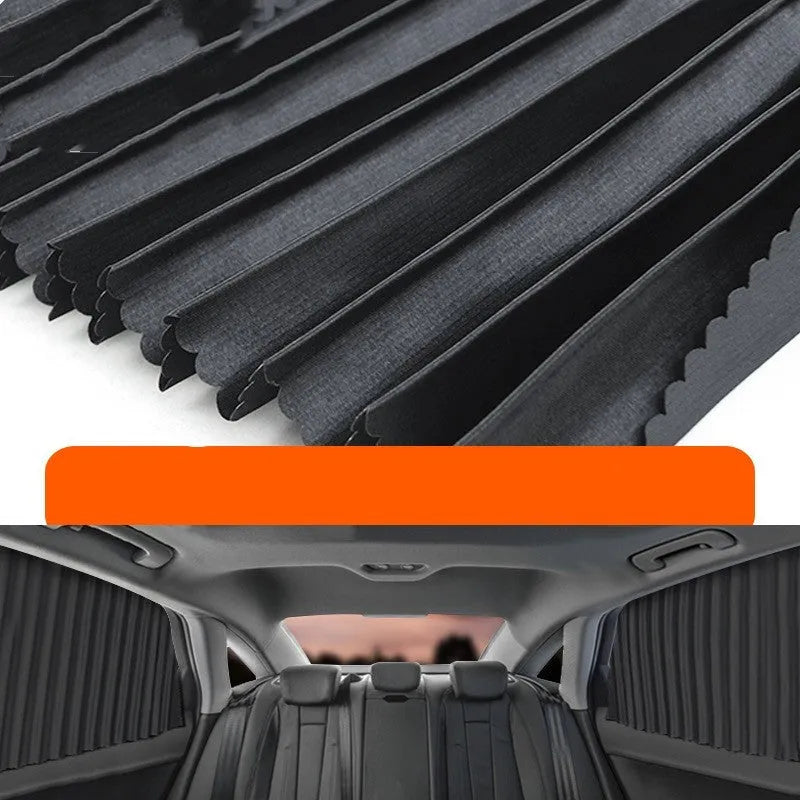 Auto retractable car sun curtain in black colour showing roller shutter mechanism