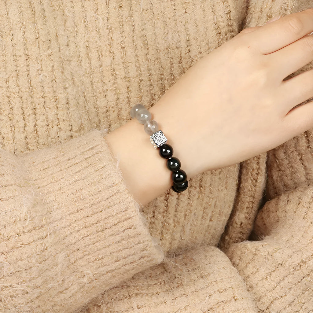 Khaki crystal couple bracelet with 10mm geometry shape and Chinese style design