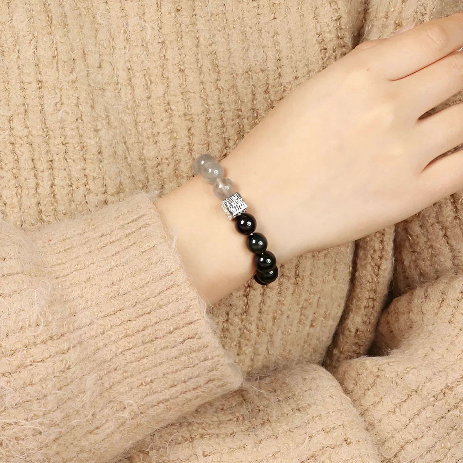 Khaki crystal couple bracelet with 10mm geometry shape and Chinese style design