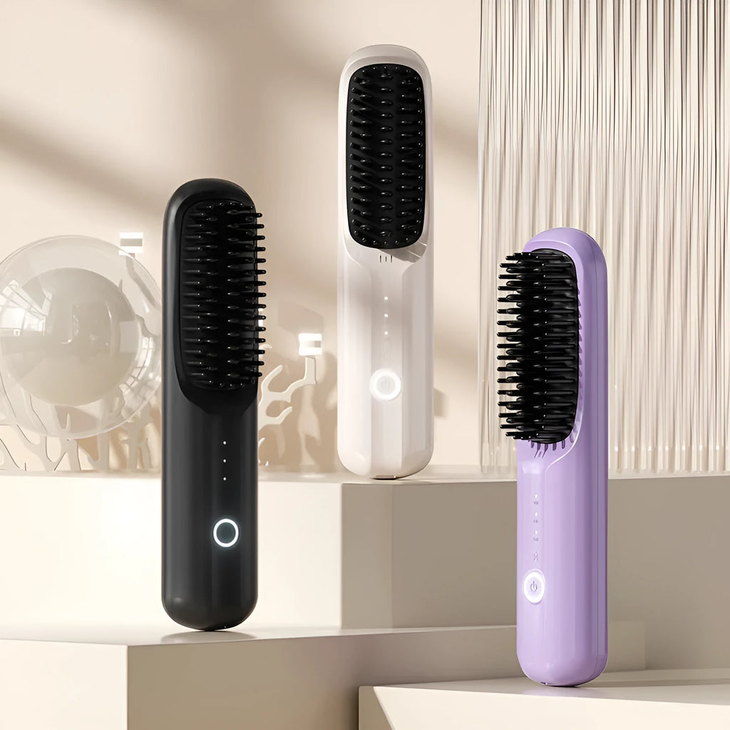 Anion wireless straight comb in beige white colour with ceramic plates and USB Type-C charging port.