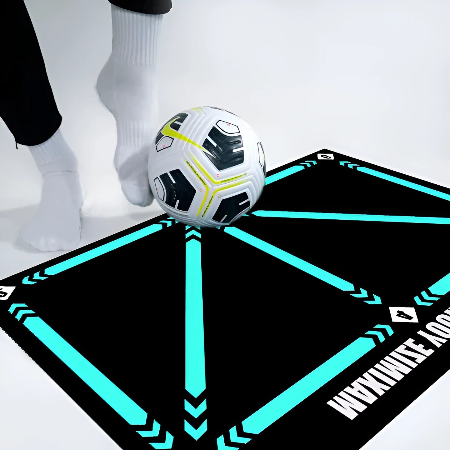 Rubber indoor football training mat for skill lifting and foot basket row movements in cushion colour with socks